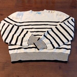 Draper James Striped Crew Neck Sweater Size XL, White Black, Gold Button Accent